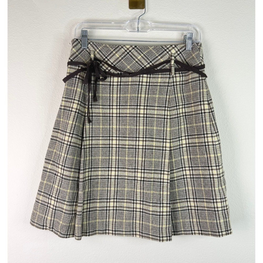 YSB Skirt Women 66 Brown Plaid Wool Blend Pleated Ribbon Belt Size Small